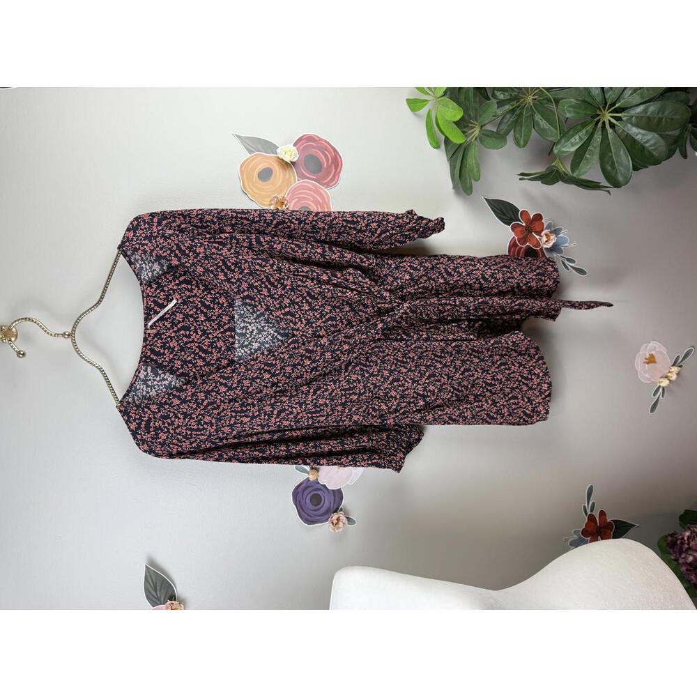 Free People Black and Pink Floral Tie Faux Wrap Clara Dress - Size - Small